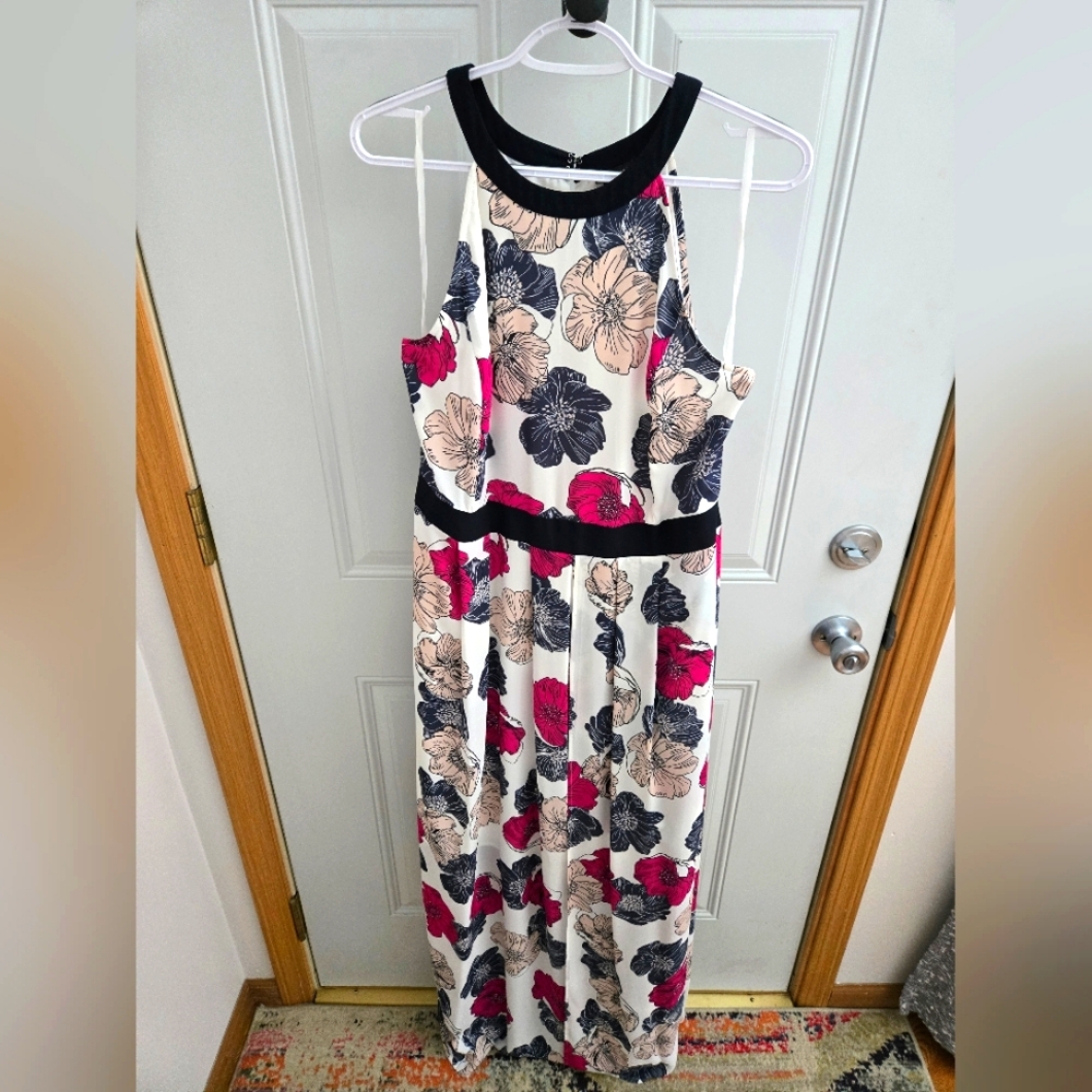 Ann Taylor Floral Sleeveless Dress with Navy Trim